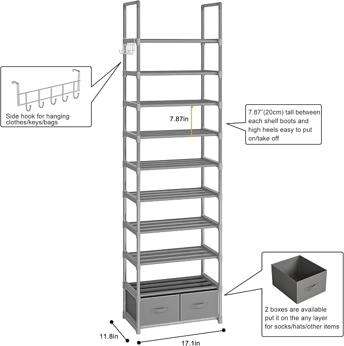 Shoe Rack Sturdy Metal 10 Tier Shoes Rack Organizer + 2Boxes 1Hook | Narrow Space Saving Shoe Storage Shelf for Closets, Tall Shoe Stand for Entryway, Living Room