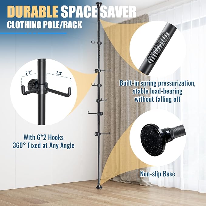 Coat Rack Freestanding with 12 Hooks - Multi-Purpose Organizer for Entryway, Bathroom, Corner & Plant Storage, No Drilling, Height Adjustable, Stainless Steel