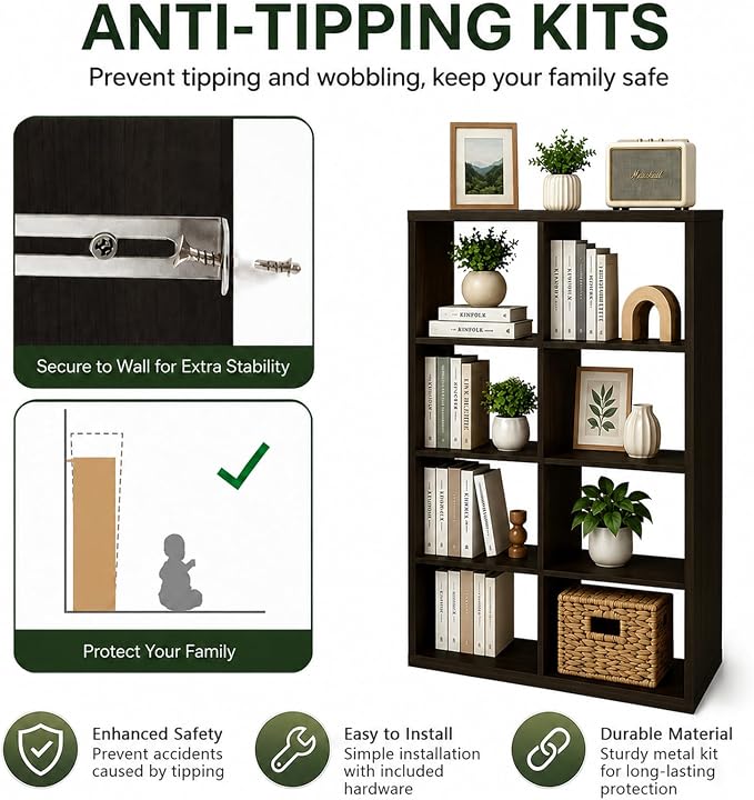 CTESNE【Wooden Thick Frame 8 Cube Storage Organizer Shelf with Anti-Tipping Kits + Reversible Open Back Bookcase, Horizontal and Vertical Dual-use Standing Bookshelf（Chocolate,13inch）