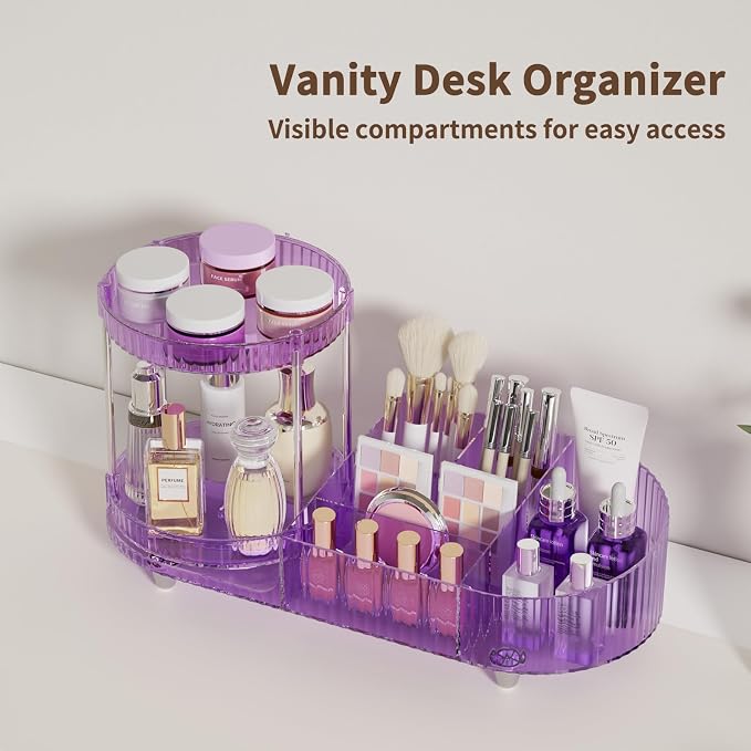 360 Rotating Vanity Makeup Organizer, 2 Small Trays & 5 Compartments for Cosmetics, Skincare, Perfume, Lipstick & Make up Brushes Holder, Purple Countertop Organizers and Storage for Dresser, Bathroom