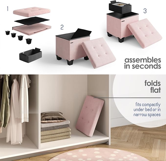 Storage Ottoman Cube with Small Bin, 15-in Square Ottoman with Storage for Living Room and Bedroom, Small Ottomans Foot Rest, Velvet Foot Stools Ottomans Max 330lbs, Pink