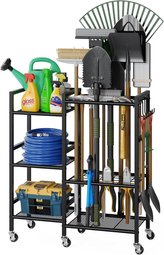 keomaisyto Garden Tool Organizer with 6 Industrial Wheels & Large Hooks | Rolling Yard Tool Storage Rack with 35 Slots, Heavy Duty Garden Tool Holder with Shelves for Garage, Shed, Outdoor Lawn