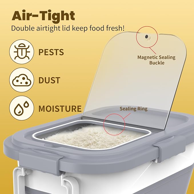 HOYTAMDA 25-35Lbs Rice Container,Collapsible Food Storage Container Wheels | Rice Storage Container with Airtight Locking Lid,Handle,Small Bin &Scoop,Rice Dispenser for Flour Sugar Cereal Grain Dog Cat