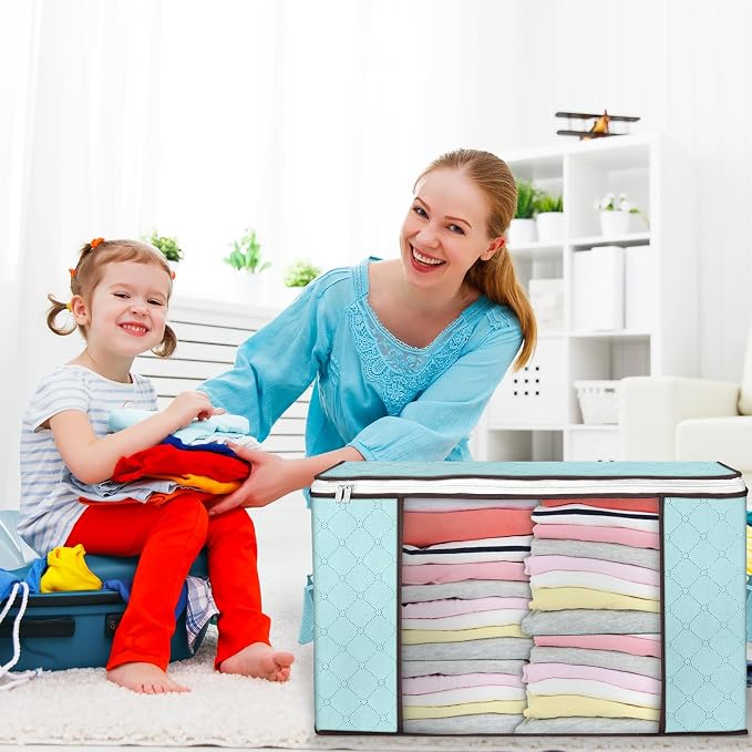 90L Large Storage Bags, 6 Pack Clothes Storage Bins Closet Organizers | Foldable Storage Containers, with Reinforced Handle, for Clothing, Blanket, Comforters, Bed Sheets, Pillows and Toys,Blue