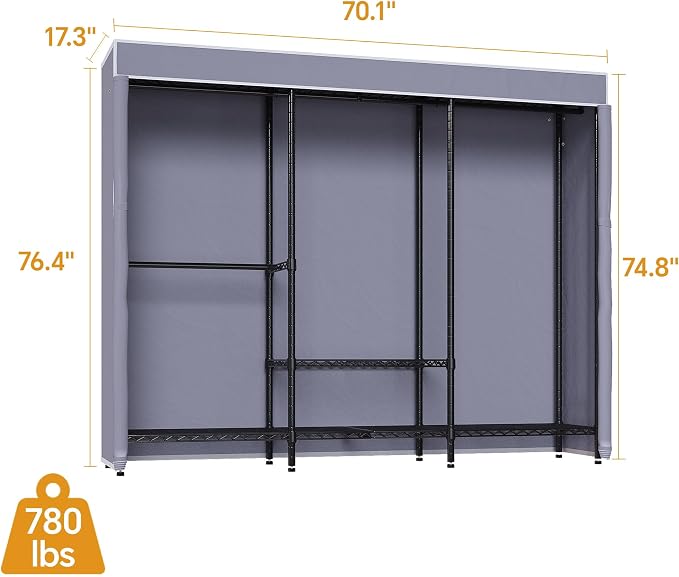 Higeego Heavy Duty Clothes Rack with Cover, Black with Grey Cover | Garment Rack with Cover, Clothing Rack for Hanging Clothes, Portable Closet with Dustproof Cover, with Adjustable Shelves