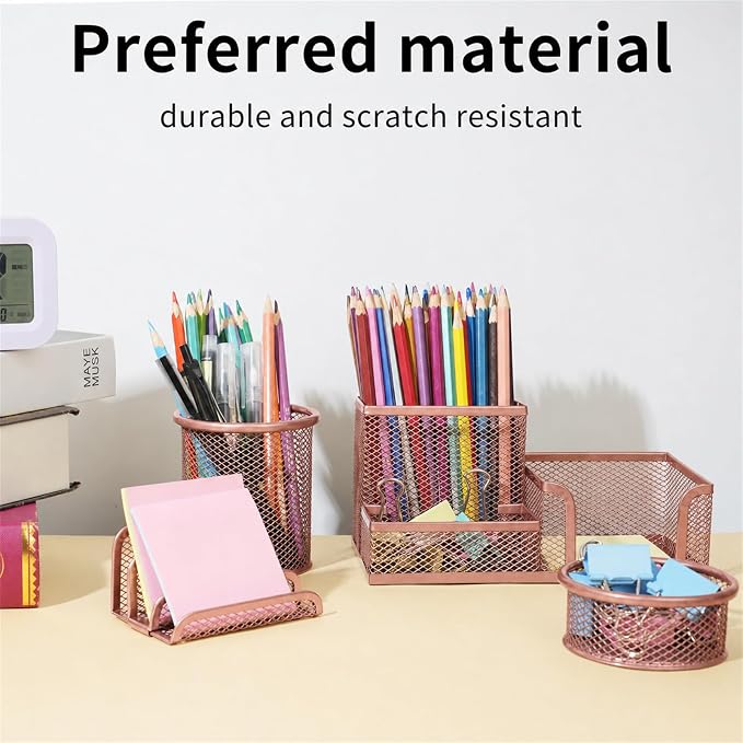 Desk Organizer for Office, 6 Pieces Mesh Desk Multi-functional Storage Set Office Supplies Accessories (Rose Gold)