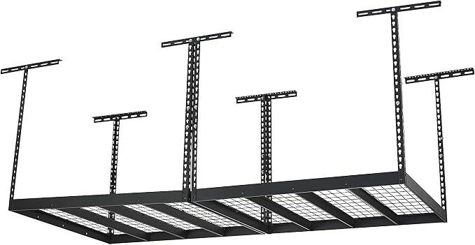 Klutch Overhead Garage Storage Rack, 96in., 96in.L x 48in.D x 23-37in.H | Adjustable drop height, seasonal-item organization, floor-space savings, easy-access shelving, durable steel construction