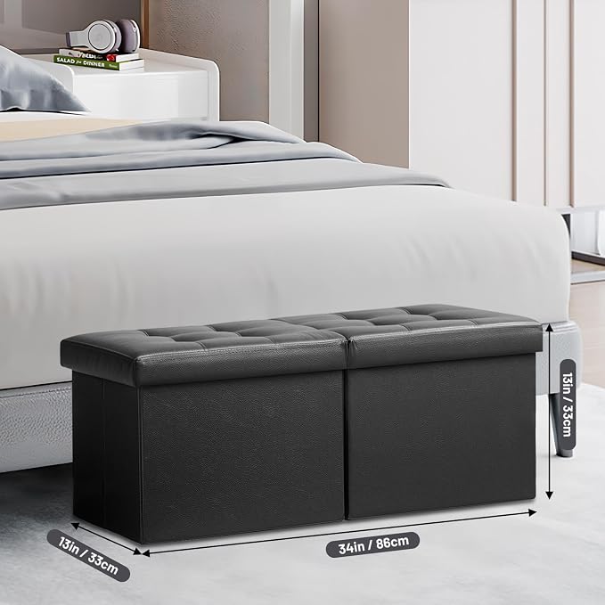 AmasSmile Footrest Ottoman Storage Bench, 34" Leather Folding Stool, Black | Large Ottoman with Storage, Thicker Foam Padded Seat, Livingroom, Dorm, Bedroom, Entryway, Easy to install,34 x 13 x 13in