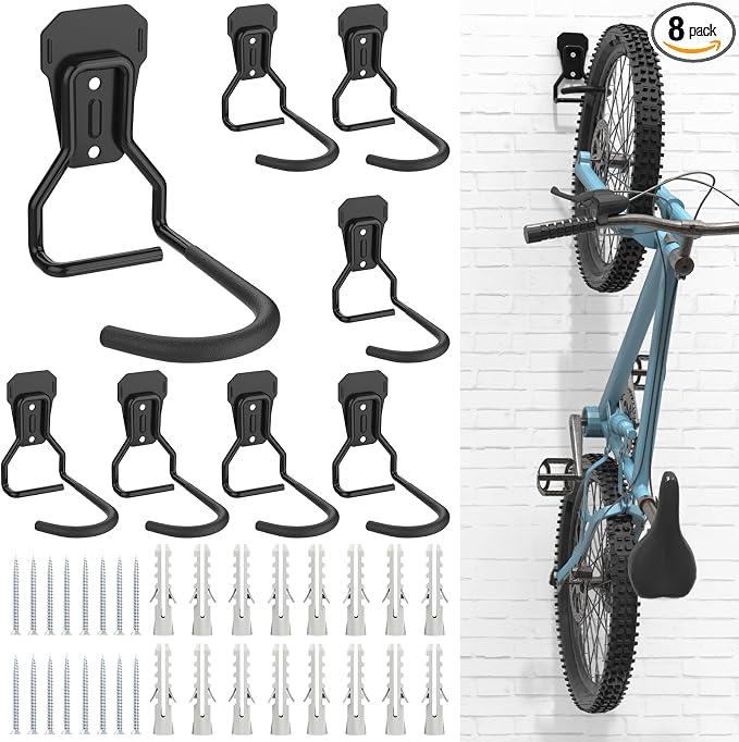 Housolution Bike Wall Mount with Fixed Hook, [8 Pack] Bike Storage Rack | Bike Rack Vertical Stand for Garage - Easily Hang/Detach - with Screws Iron Bike Hanger Brackets