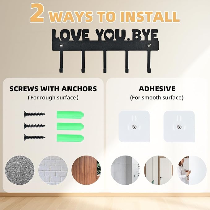 Key Holder Wall Mount, No Drill Adhesive, Black, 5 Hooks | 'Love You.Bye' Entryway Organizer, Metal, 10x4 Inch, Screws Installation