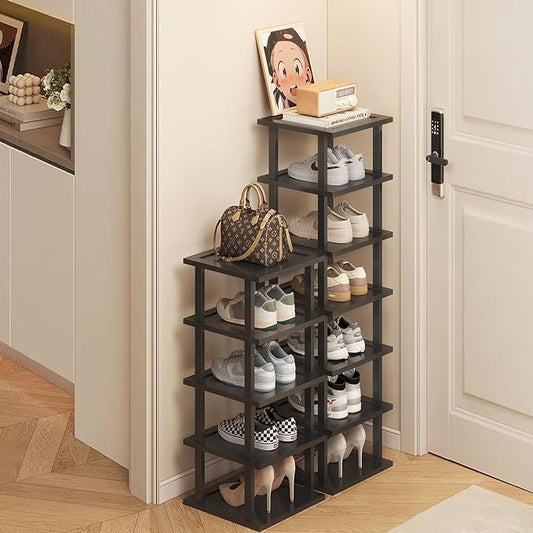Vertical Shoe Rack - Tall Narrow Shoe Rack Organizer for Small Spaces,12 Tier Bamboo Shoen Shelf for Entryway,Closet,Corner,Doorway,Skinny Shoe Shelf Space Saving Shoe Storage,Free Stackable DIY