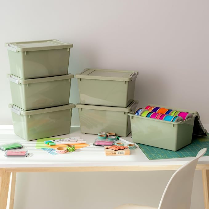 IRIS USA Storage Bins with Lids |Made in USA| 4 Qt - (6-Pack) - Sage Green | Sensory Craft Organizers, Plastic Clip Box Totes, Flat Containers for Organizing Paper, Office, Art & Study Supplies