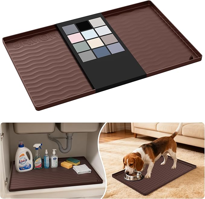 URMONA Waterproof Silicone Under Sink Mat 22'' x 14'' Shelf Liner for Kitchen and Bathroom, Cabinet and Counter Protector, Storage and Organizers, Litter Mat, Pet Cat Puppy Essentials(Brown )
