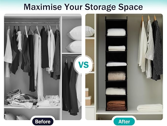 YOUDENOVA Hanging Closet Organizer, 6-Shelf Closet Hanging Storage Shelves, Black