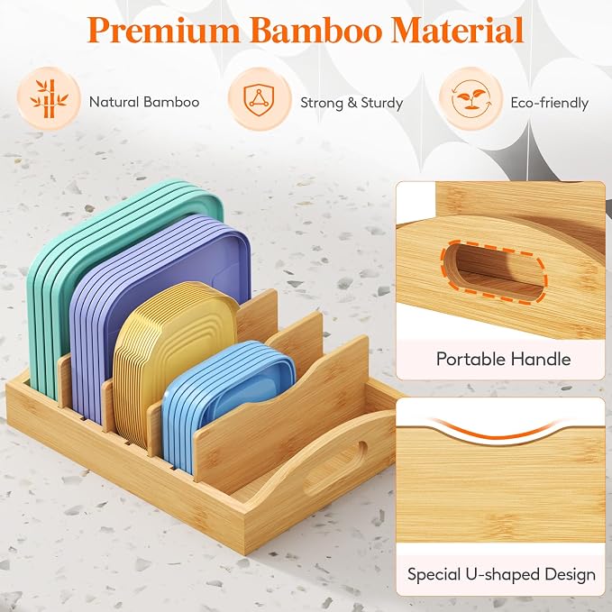 Lifewit Bamboo Lid Organizers for Inside Cabinet, Food Storage Container Lid Holder with 4 adjustable Inserts & 5 Sections, Kitchen Pantry organizer and storage, 10.6" X 8.3"