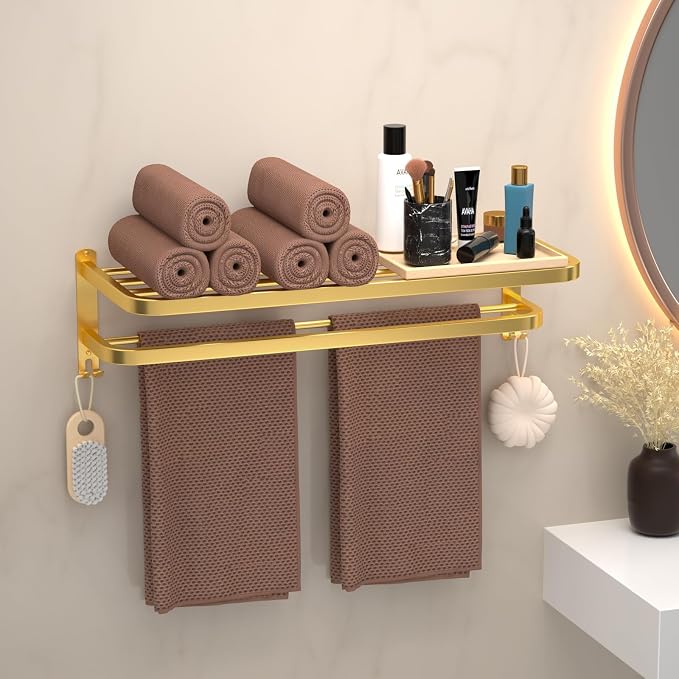 23 Inch Gold Bathroom Towel Rack Towel Shelf with Double Towel Bars Lavatory Wall Mount Holder with Hooks Golden Stainless Steel Hotel Bath Rack
