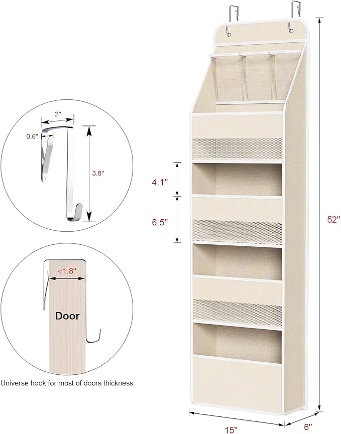 Univivi Over the Door Organizer for Baby Nursery, Beige Pattern, 5-Shelf | Door Storage with Large Capacity Breathable Mesh Pockets, Fabric Over Door Organizer for Baby Essential, Bedroom and Dorm