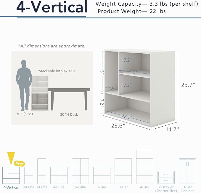 Homes: Inside + Out Apexa 4-Vertical Storage Organizer Shelves, Stackable Wood Bookcase for Organization, Dorm Teen Room Decor & Home Office, White