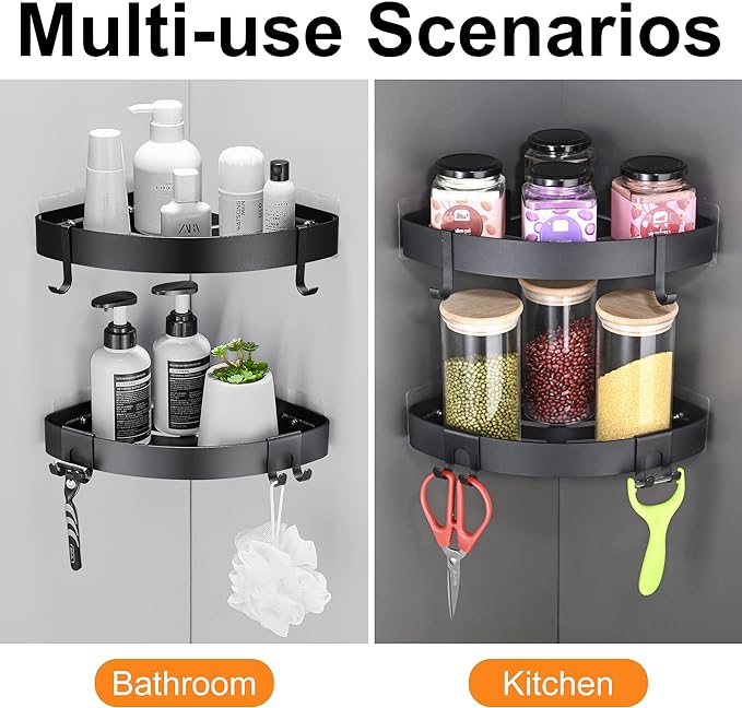 DUFU Adhesive Corner Shower Caddy with Hooks, Black, 2 Pack | Bathroom Shower Organizer, No Drilling, Rust Proof Aluminum Shower Shelf For Inside Shower