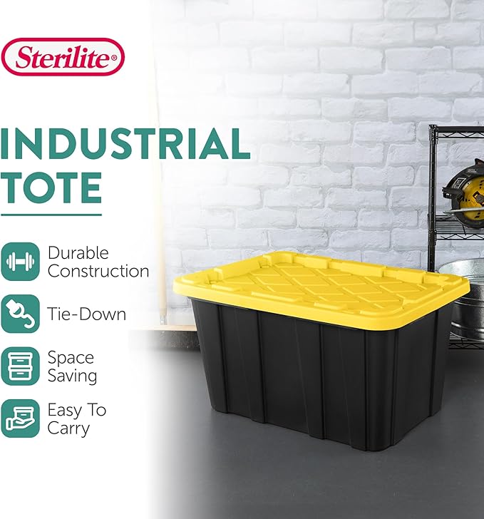 Sterilite Industrial Storage Tote with Lids for Garage, 27 Gallon, 12-Pack | Heavy-Duty and Stackable Utility Box Containers for Home, Office, and Basement Organization, Black/Yellow