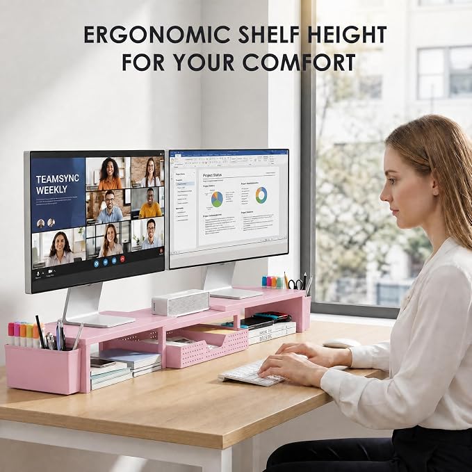 OPNICE Desk Organizers and Accessories, Dual Monitor Stand Riser with Drawer and 2 Pen Holders, Desk Shelf Computer Racks for Office Workspace Organizers, Desktop Organization (Pink)