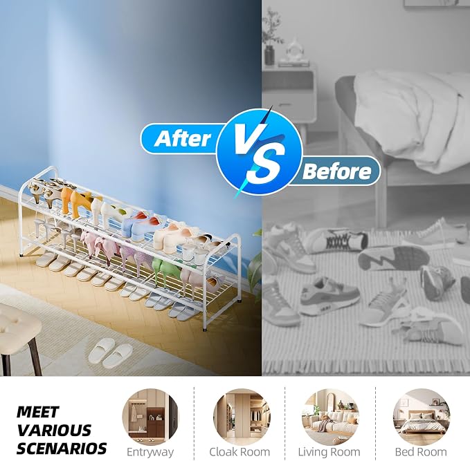 Shoe Rack for Closet, 2 Tier 44 Inch Extra Wide Shoe Storage Organizer for Shelves, Heavy Duty Metal, Easy Assembly, White