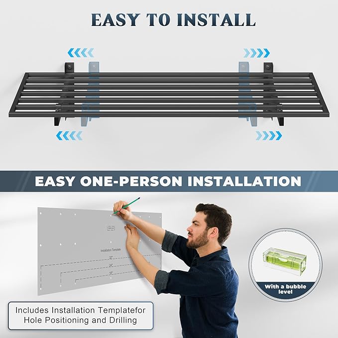 Jusgym 4 Pack Garage Shelving Wall Mounted with 16 Hooks, 1.5x4ft, 1000lbs | Heavy Duty Garage Wall Shelving, 7-Bar Square Tube, Metal Floating Shelves, Industrial Storage Rack for Bins, Tools, Bikes