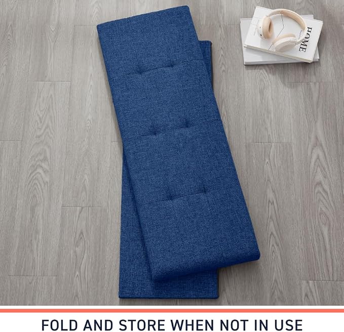 Ornavo Home 43 Inch Folding Extra Large Storage Bench, Linen, Navy Blue | Upholstered Tufted Ottoman with Lid; Foot Rest Stool; Ideal for Bedroom, Living Room or Entryway