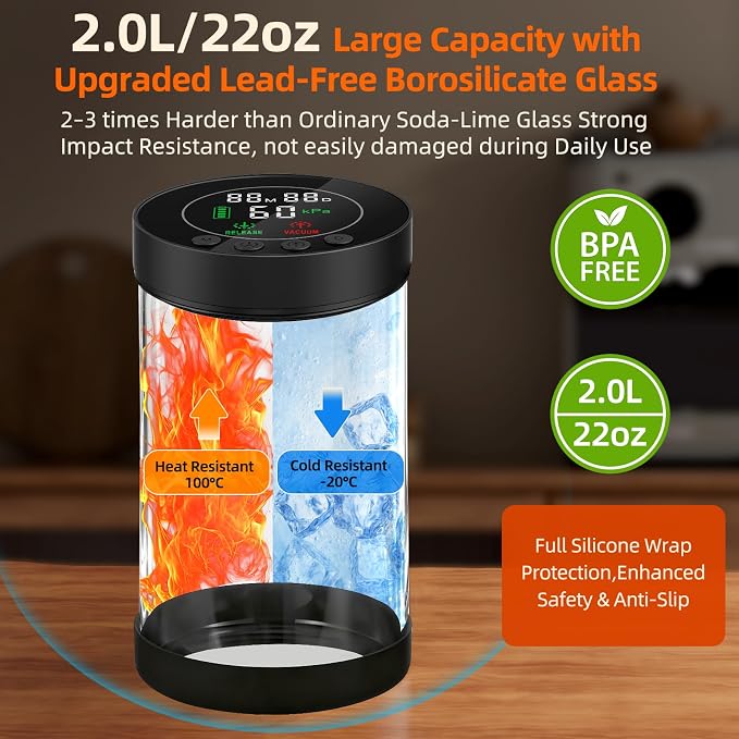 Electric Vacuum Coffee Canister, 2.0L Glass Airtight Food Storage Container | with Smart Pressure Sensor, Automatic Coffee Bean Container Rechargeable with LED Display Window for Kitchen Food Storage