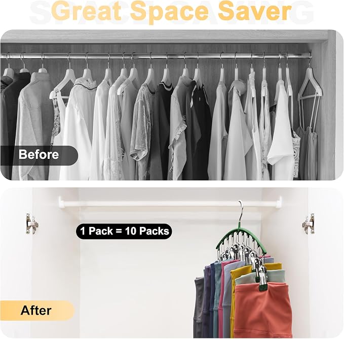 Legging Organizer for Closet, Metal Yoga Pants Hangers 1 Pack w/10 Clips Holds 10 Leggings, Space Saving Hanging w/Rubber Coated Closet Organizers and Storage, Green