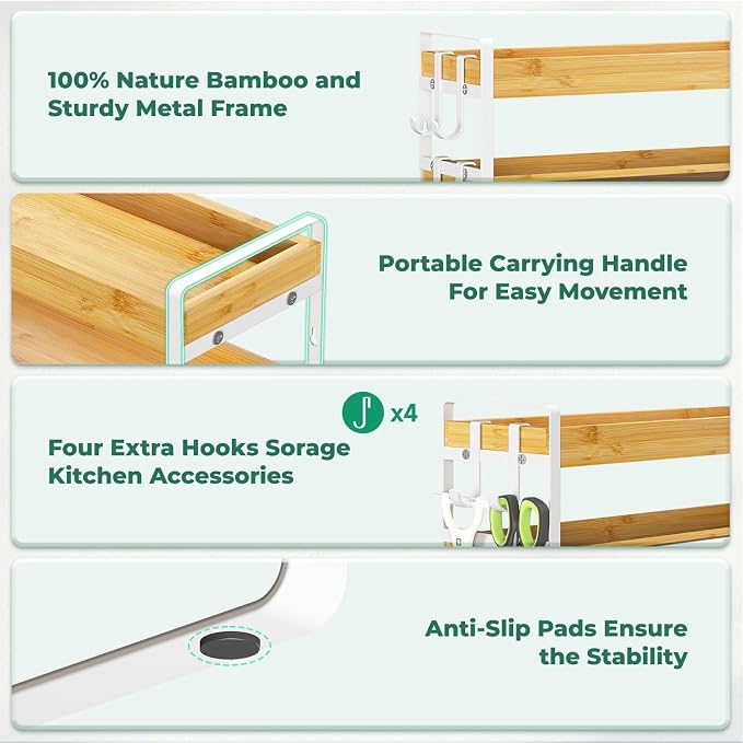 EsLuker.ly Spice Seasoning Rack Organizer Kitchen Countertop, 4 Tier Bamboo | Shelf Holder Storage with 4 Hooks, Wall Mounted Freestanding Stand for Pantry, Quick Spice Access(Jars Not Included), White