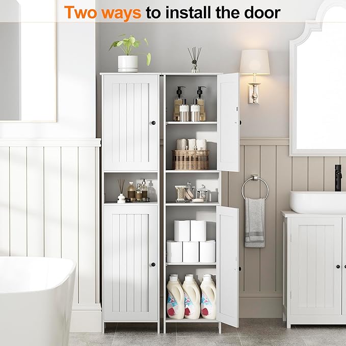 Homleke Tall Bathroom Storage Cabinet with 2 Doors, Slim Bathroom Cabinet | Narrow Storage Cabinet with Adjustable Shelves, Anti-Tip Design, Reversible Door, Easy Assembly, White, 15.7''W