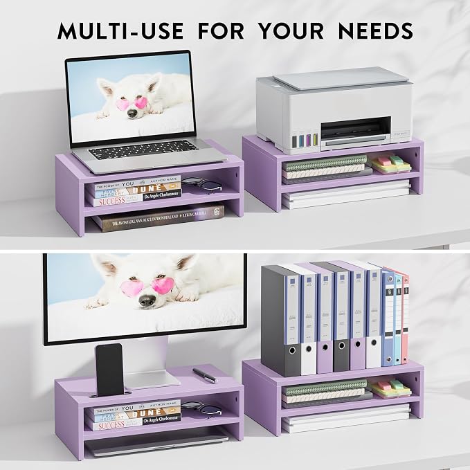 BONTEC Wooden Monitor Stand Riser for Desk, 2-Tier Computer Monitor Stand | 66 lbs Desk Shelf Organizer with Storage, Laptop & Printer Stand with Phone Holder and Cable Management, Purple, 16.5 Inch