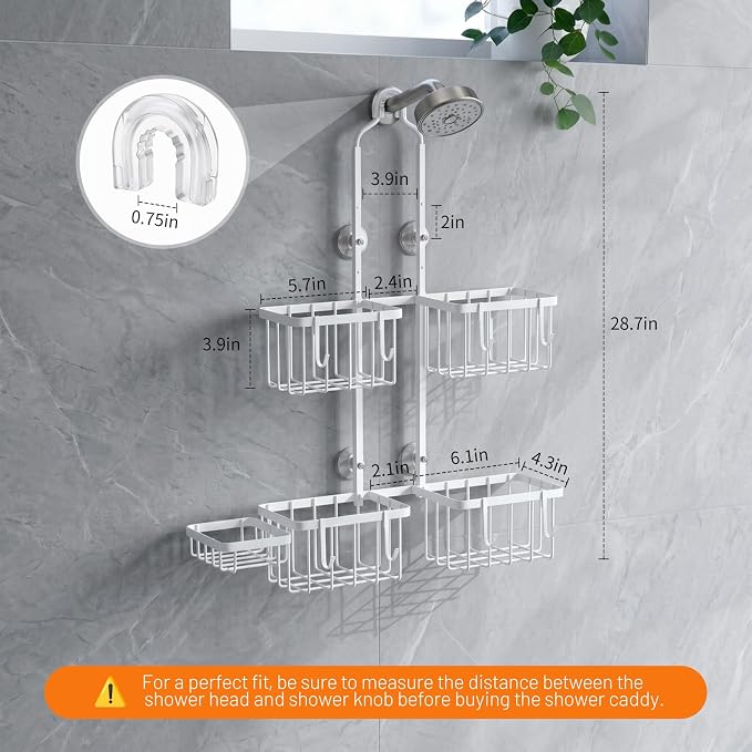 Luxspire Hanging Shower Caddy Overhead, Shower Organizer Hanging, White | No Drilling Required, Height-Adjustable, Thickened Rustproof Stainless Steel, Heavy-Duty, Include 8 Hooks And Soap Holder