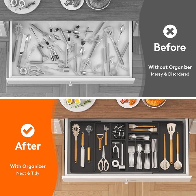 Lifewit Utensil Organizer for Kitchen Drawer, Expandable Cooking Tray | Adjustable Cutlery Flatware Holder, Plastic Silverware Spatula Tools Storage Divider, 21.3- 36 x 16.9", Black