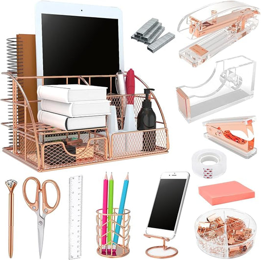 Office Desk Organizers, Rose Gold 13PCS Office Supplies and Accessories Desk Organizer, Acrylic Stapler, Staple Remover, Clips, Scissor, Phone Holder, Pen, Pen Holder (Rose Gold)