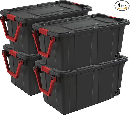 Sterilite Heavy Duty 40 Gallon Wheeled Industrial Storage Tote, 4-Pack, Black | Heavy-Duty and Stackable Utility Box Containers for Home, Office, and Basement Organization, Black