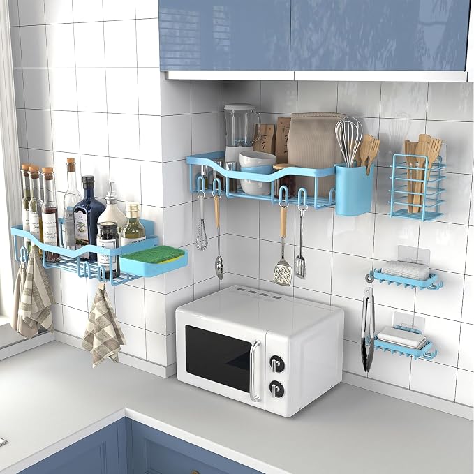 NESOMI Shower Caddy Adhesive Shower Organizer 7-Pack, Rustproof Stainless Steel Bathroom Shelves, Large Capacity No-Drill Rack Storage Accessories with Soap Dish Toothbrush Holder Hooks