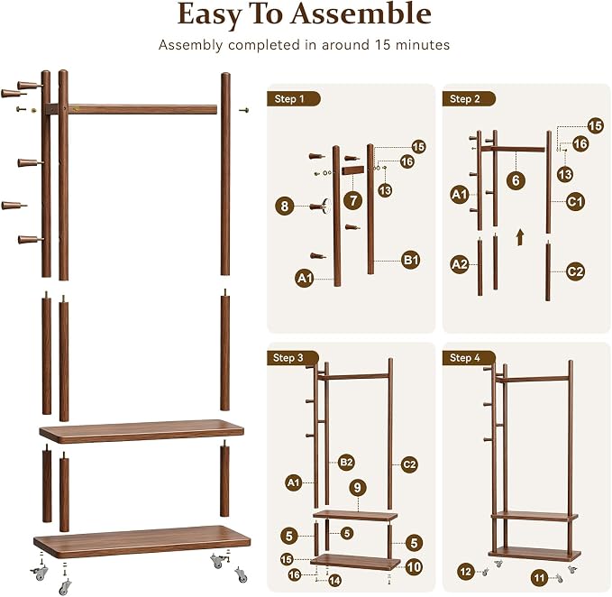 Taitiy Coat Rack Freestanding Wood Garment Rack 2 Shelves 5 Hooks | Bedroom hallway entryway living room hotel, durable wood construction, mobile wheel design, coats clothes bags storage