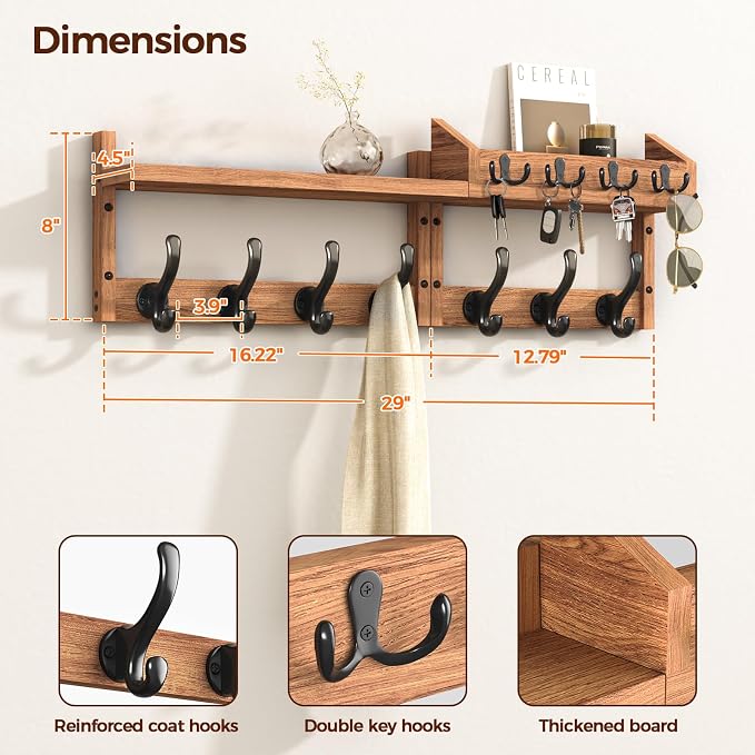 Evermagin 29" Coat Rack Wall Mount with Shelf & 11 Hooks, Entryway, Brown | 4-in-1: coat hooks, key hanger, mail holder & display shelf. Pine wood. For bedroom, hallway, mudroom, livingroom.