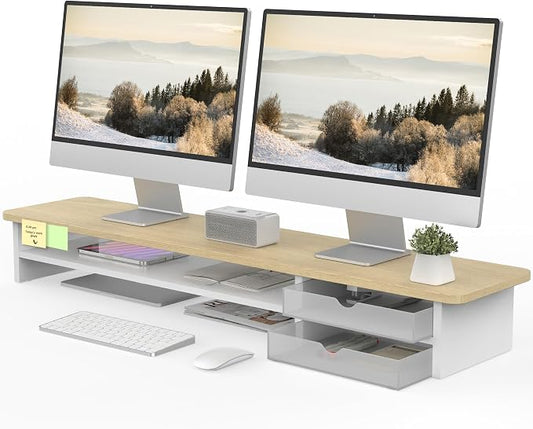 Fenge Monitor Stand, Desk Computer Riser with Frosted Storage Drawer, Oak | 42.5 Inch Dual Monitor Riser, 2 Tiers, Cable Management, Desk Shelf for 2 Monitors, Ultrawide Screen, Laptop, TV, Home Office