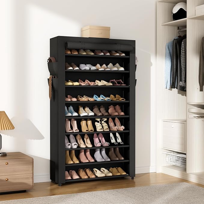 VILICK Shoe Rack with Cover Narrow Shoe Organizer with Pockets 10 Tier Tall Shoe Storage Holds 36-41 Pairs Shoes and Boots Shoe Rack for Closet Entryway Garage, Black