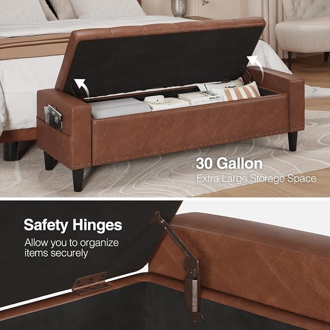 60" Storage Ottoman Bench, Faux Leather Upholstered Bed Bench with Tufted Buttons and Nailhead Trim, Large Ottoman with Storage for King Size End of Bed, Bedroom, Entryway, Hallway (brown)