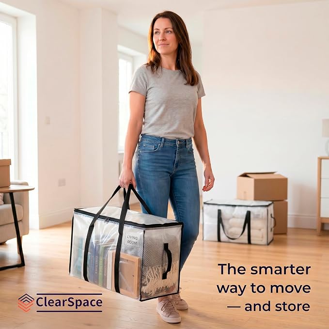 ClearSpace Heavy Duty Moving Bags or Storage Bags – Clear Storage Bins with Lids, Large Moving Boxes with Backpack Straps & Zippers – Packing Bags & Moving Supplies for College Dorm- 4 Pack