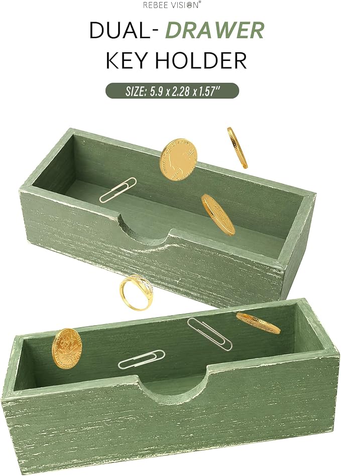 Rebee Vision Key Holder Wall Mount with 2 Drawers for Home Decor, Green | Mail Organizer for Wall, 6 Key Hooks, Drawer Organizer, Letter Storage, Plant Display, Apartment Essentials for Aesthetic
