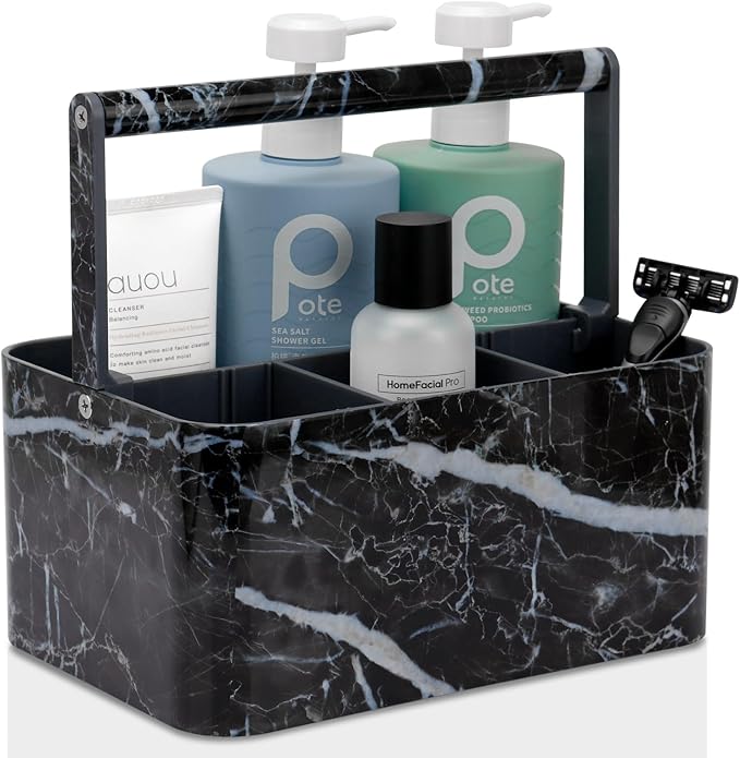 BYUNER Plastic Shower Caddy Dorm: Portable Bathroom Caddy Organizer for College with Handle and Adjustable Divider, Utility Hard Shower Basket Bath Tote for Toiletry, Shampoo, Soap (Black Marble)