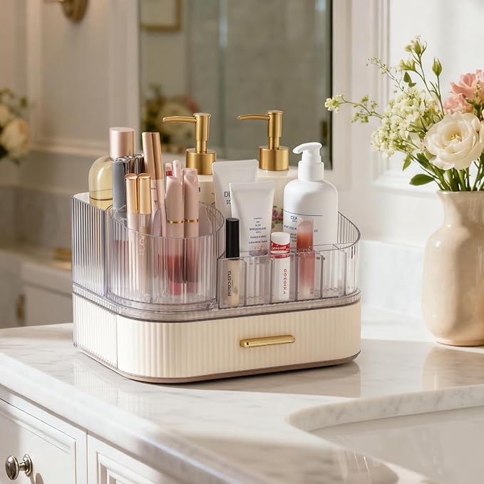 Delamu Rotating Makeup Organizer countertop, Brush Holder for Vanity, White | Stackable Drawer Makeup Storage for Skincare, Lipstick, Brushes & Perfume, Fits Dresser & Bathroom Countertop, Gift for Women