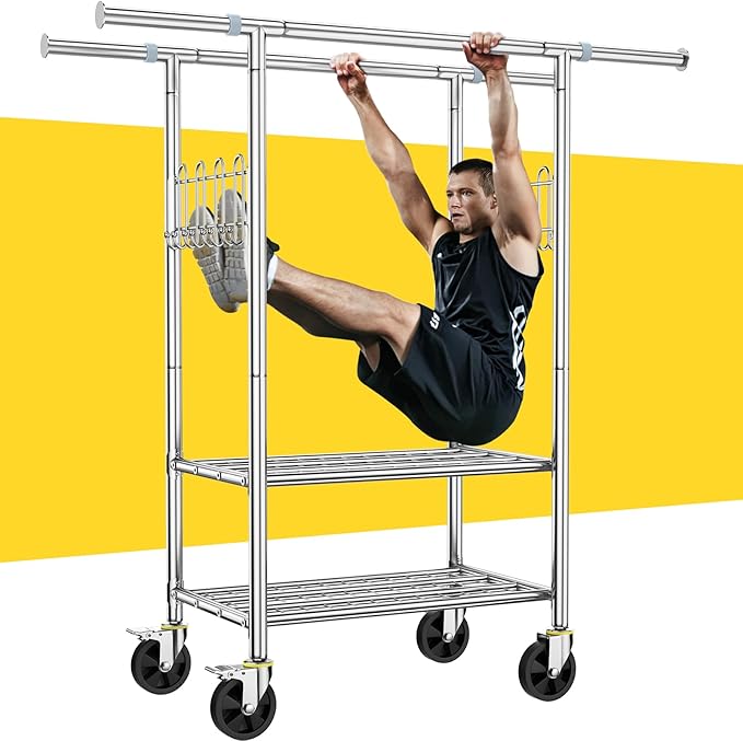 100% Stainless Steel Heavy Duty Clothes Rack Load 960LBS, Double Rod Clothing Rack for Hanging Clothes with Reinforced Rubber Rings, Extendable Rolling Garment Racks W/ Portable Wheel & Sturdy Shelves