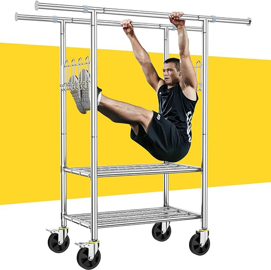 100% Stainless Steel Heavy Duty Clothes Rack Load 960LBS, Double Rod Clothing Rack for Hanging Clothes with Reinforced Rubber Rings, Extendable Rolling Garment Racks W/ Portable Wheel & Sturdy Shelves