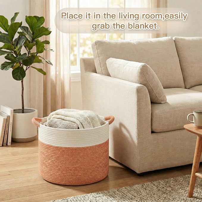 Artfeel 100L Large Cotton Rope Basket, Decorative Woven Blanket Storage for Living Room, Boho Toy Storage & Toy Box for Kids, Versatile Laundry Basket & Nursery Hamper for Blankets(Orange)